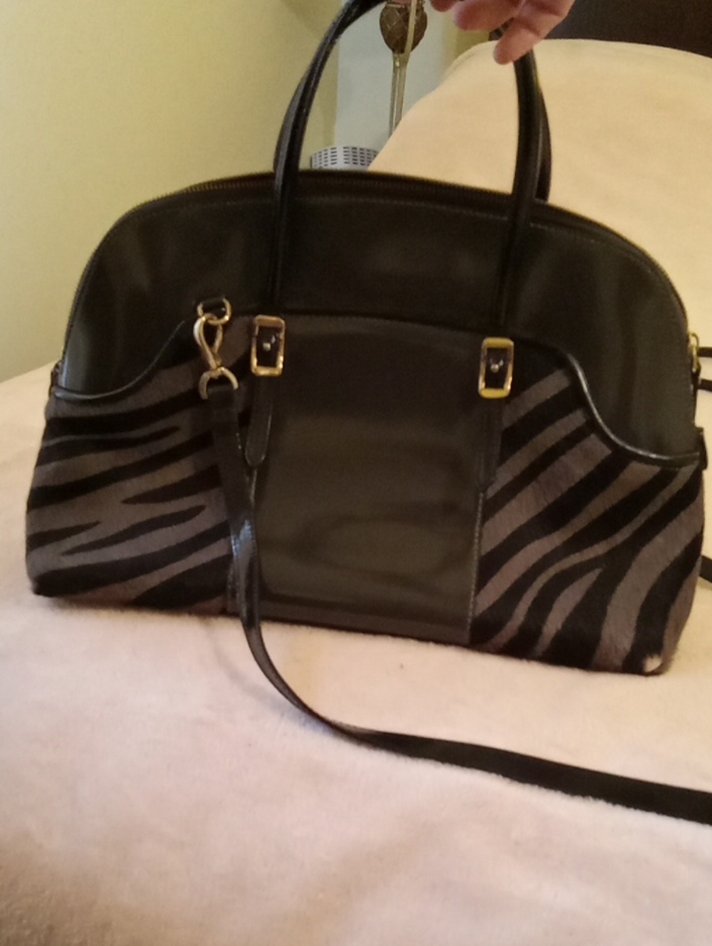 VTG A.Bellucci Italy Gray Zebra Print Calf Hair/ Patent Leather Dome Satchel Bag